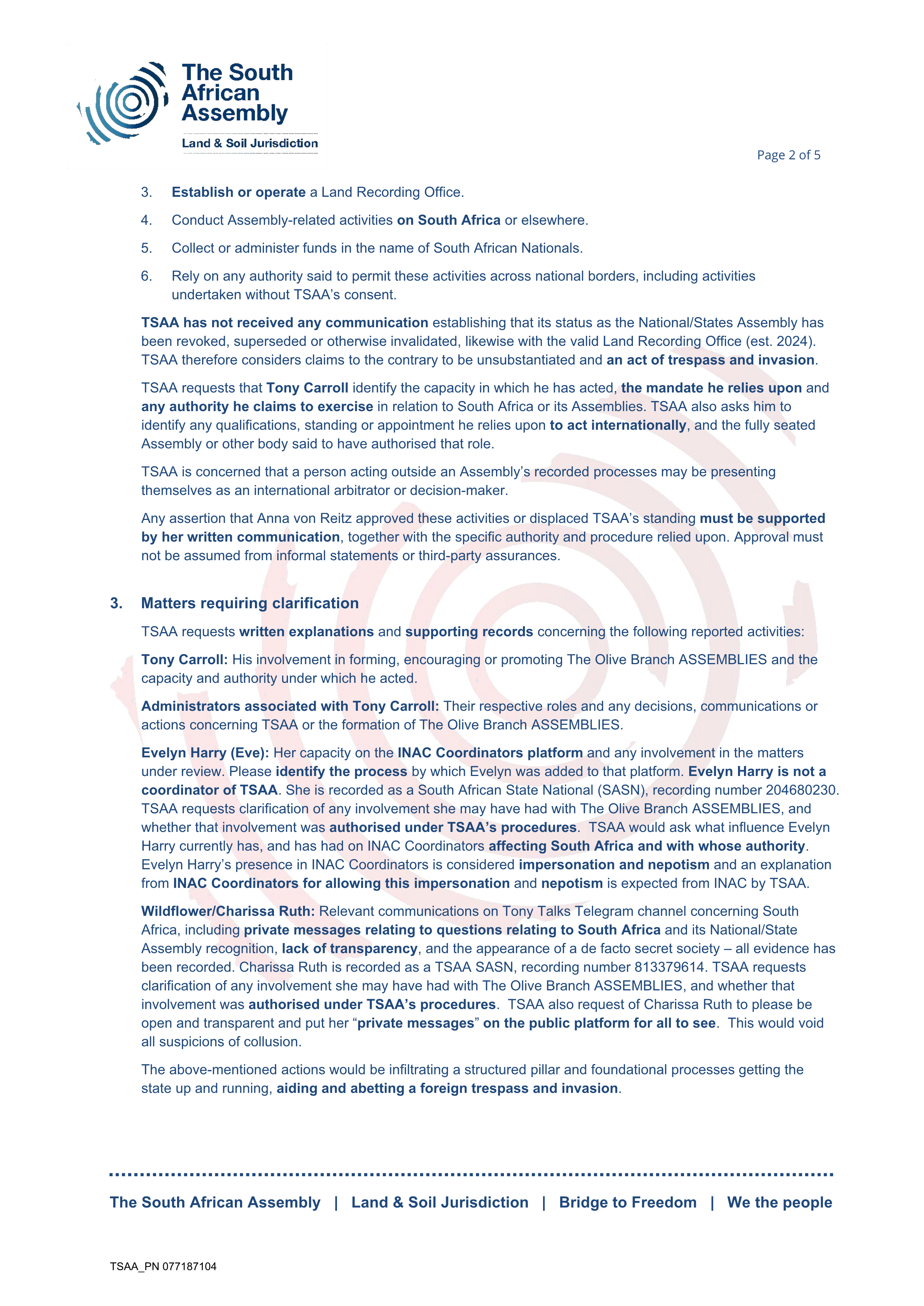 Public notice The South African Assembly Recording number 077187104  The Olive Branch Assemblies